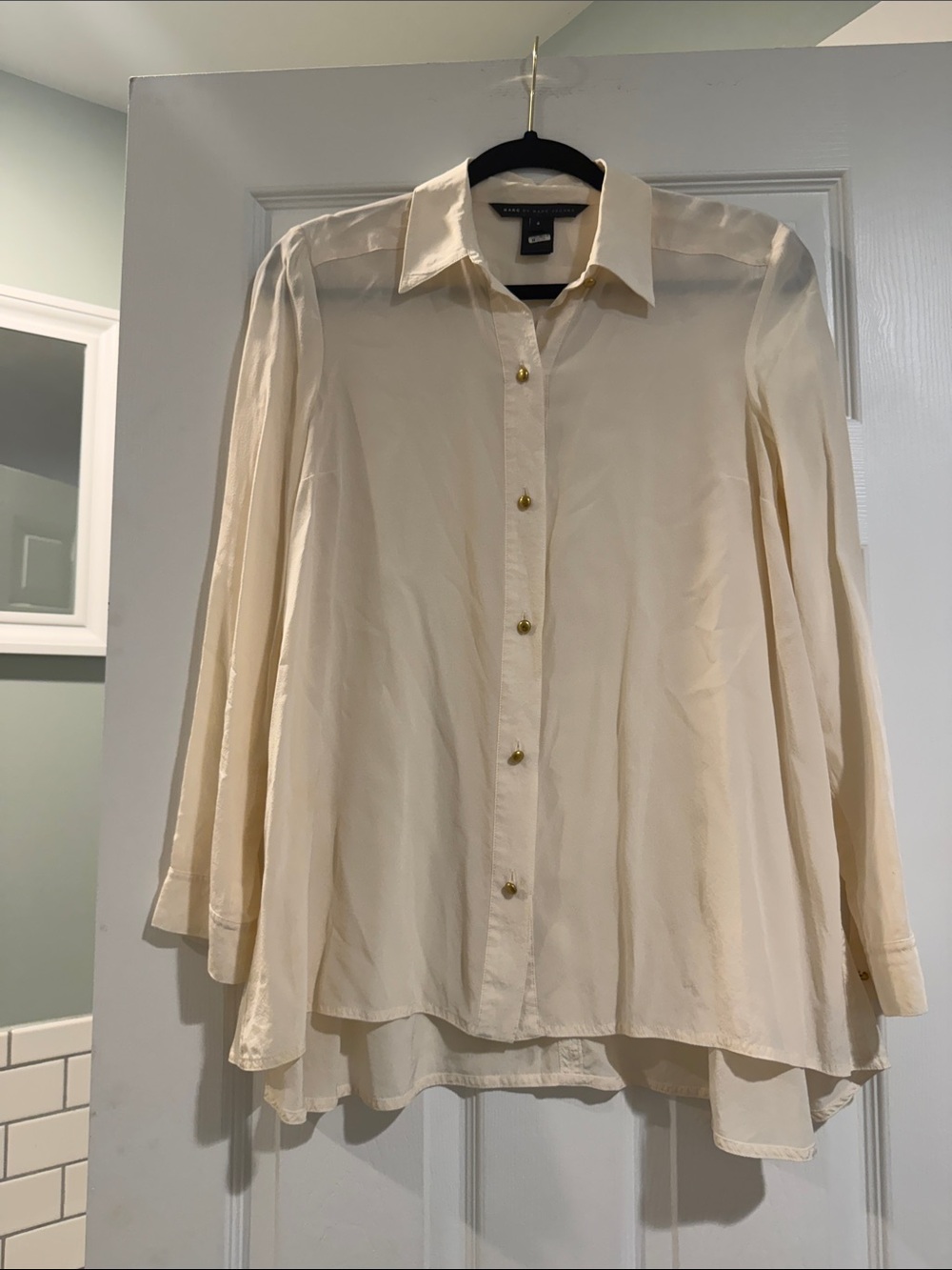 Marc Jacobs Canvas White Silk-Blend Button Down Shirt with Gold Buttons
